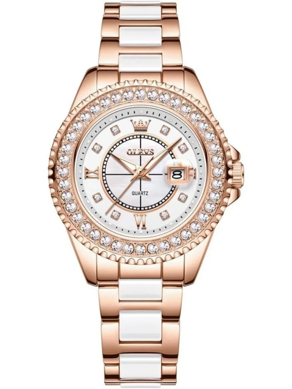 Women's Rose Gold and White Fashion Stainless Steel Waterproof Date Wrist Watch